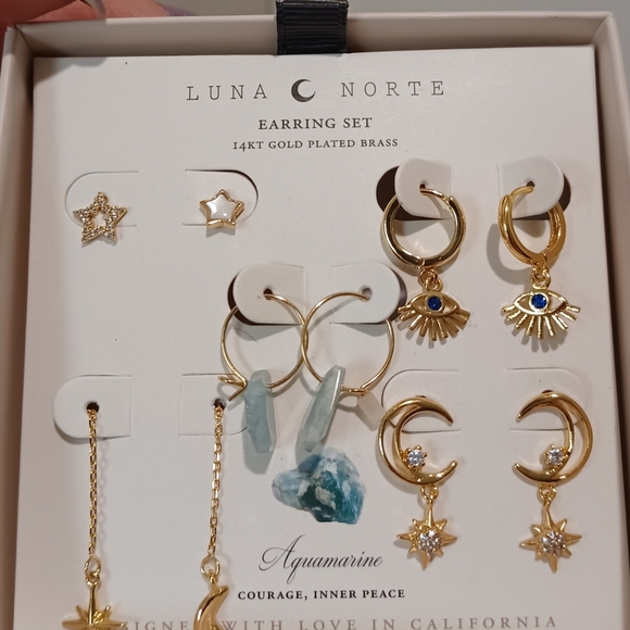 5 PAIRS OF EARRINGS BY LUNA NORTE GOLD PLATED AQUAMARINE GEMSTONES BRAND NEW - Picture 6 of 11